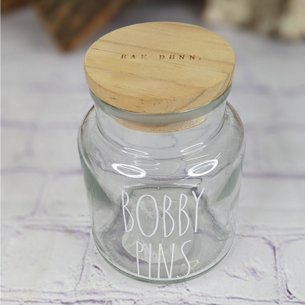 Rae Dunn BOBBY PINS Glass Jar Storage Container with Wooden Lid - Picture 2 of 6